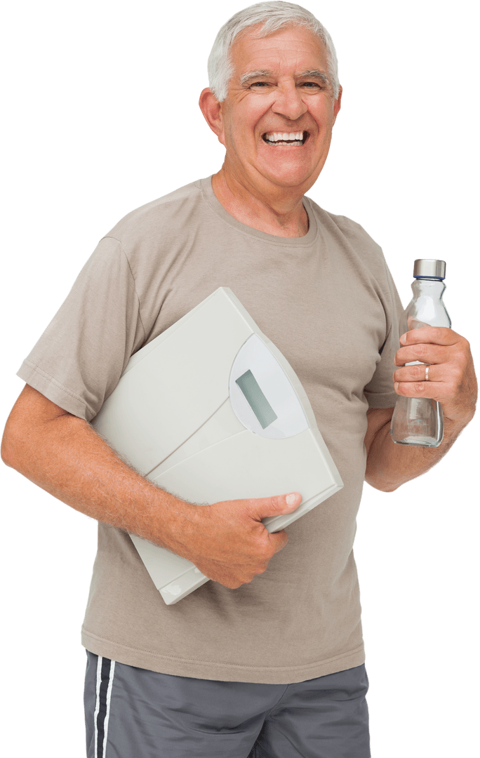 Cheerful Senior Man Holding Scale with Water Bottle