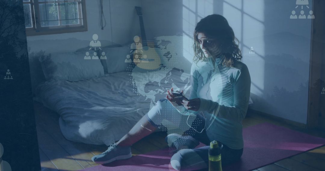 Woman Using Smartphone with Digital Globe and Icons