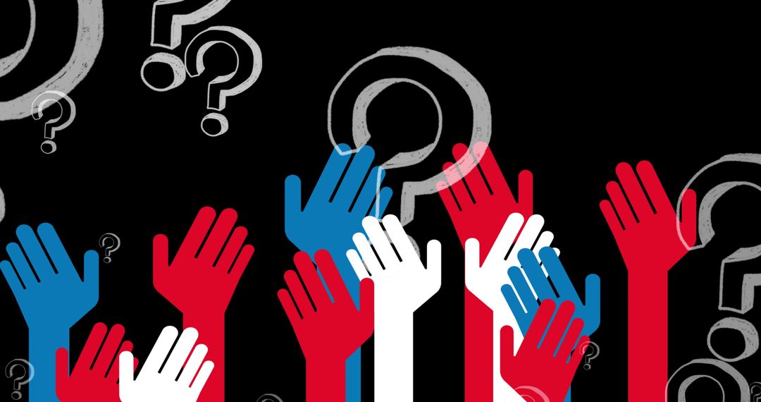 Colorful Raised Hands with Question Marks on Black Background
