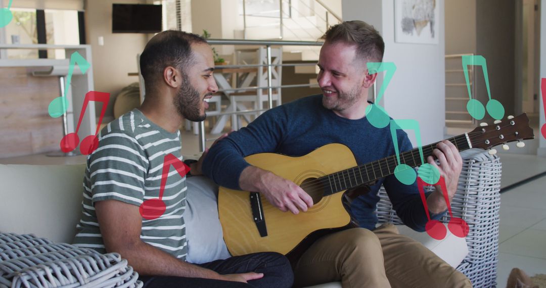 Diverse Couple Enjoying Guitar Session with Musical Notes