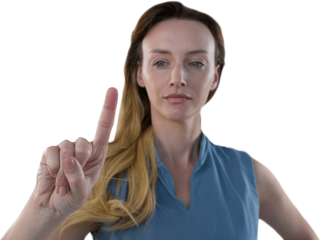 Focused Caucasian Woman Pointing on Transparent Background