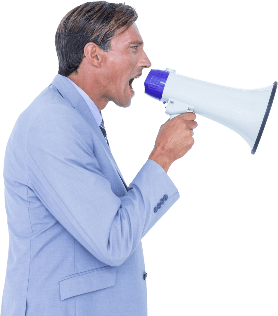 Businessman Announcing Confidently with Transparent Megaphone