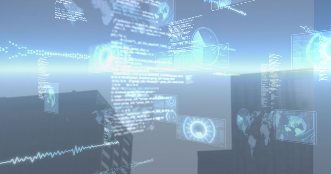 Futuristic Digital Data Overlay on Urban Cityscape with Modern Architecture