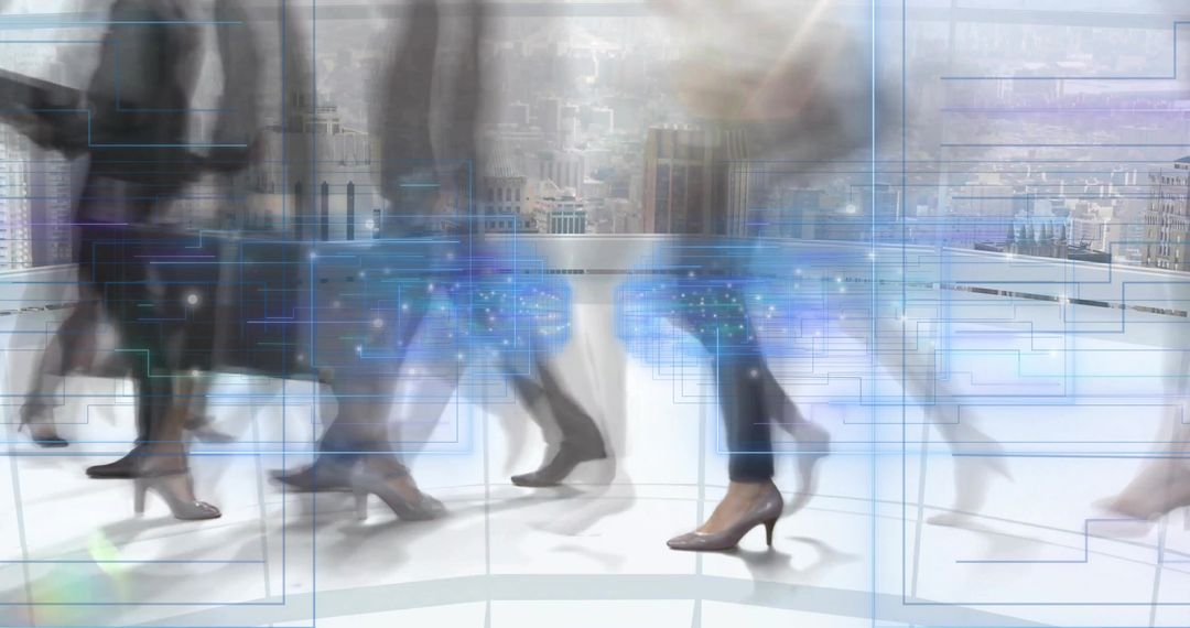 Motion Blur of Professionals in Futuristic Technology Lobby