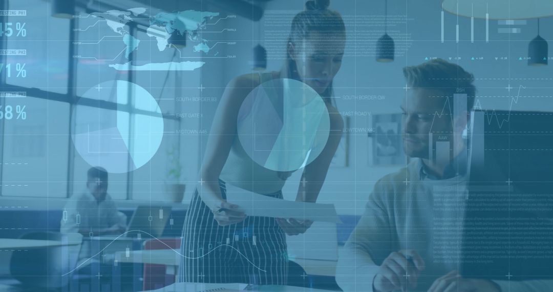 Colleagues Discussing Work with Digital Data Overlay, Futuristic Office Concept