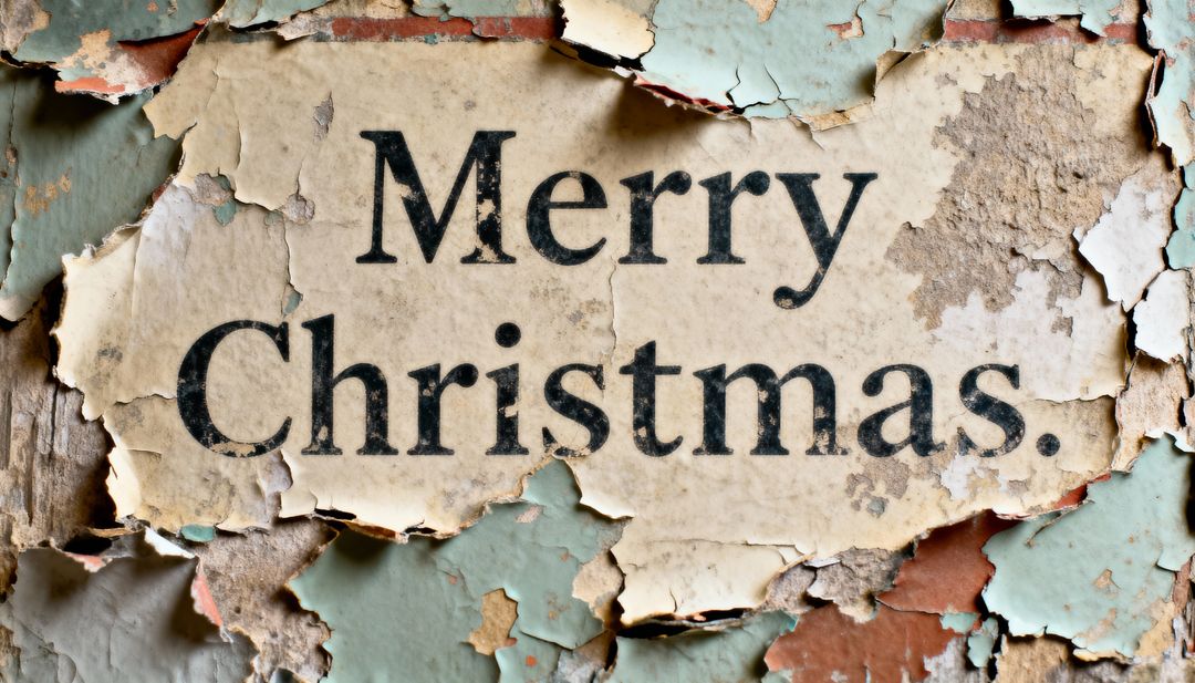 Merry Christmas Text on Torn Vintage Paper Revealing Peeling Paint and Weathered Wall Texture