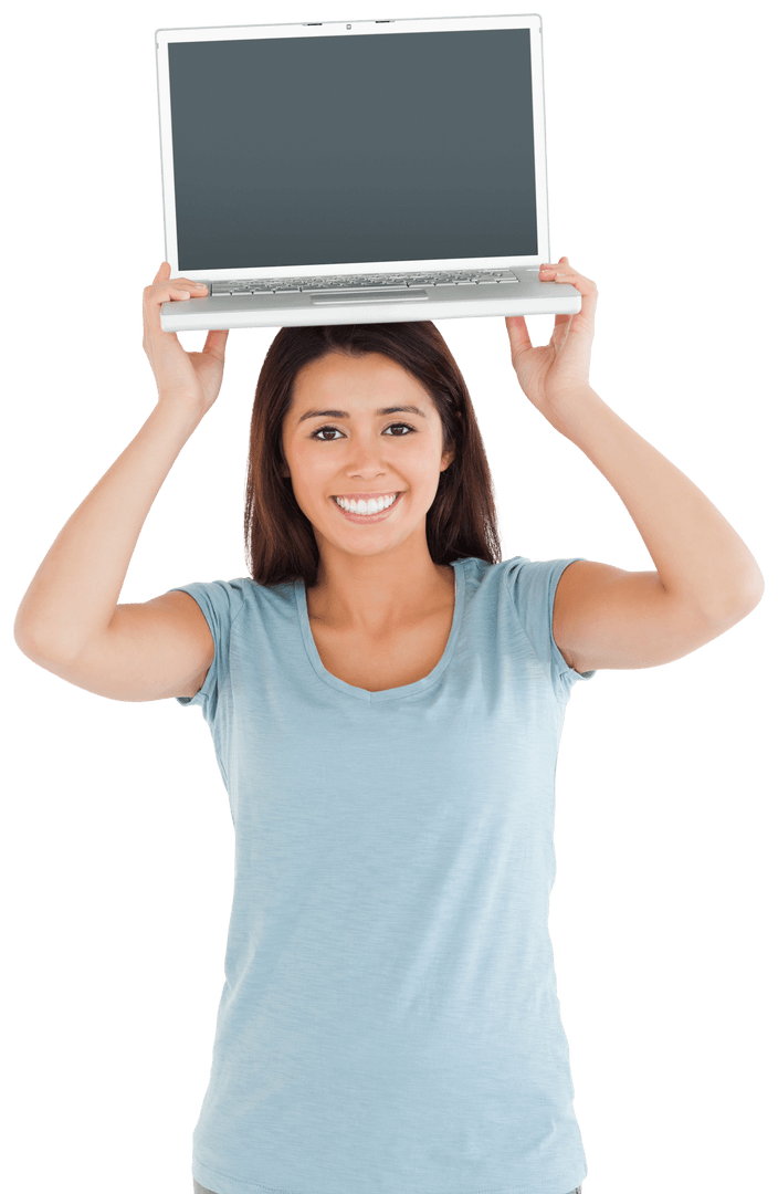 Smiling Woman Holding Transparent Laptop Above Head