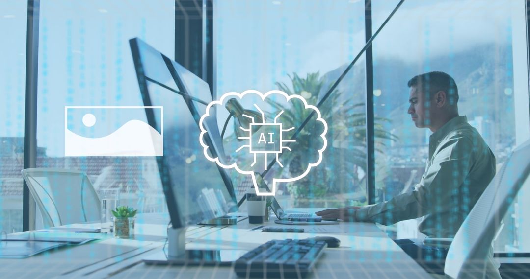 AI Data Processing with Businessman in Modern Office