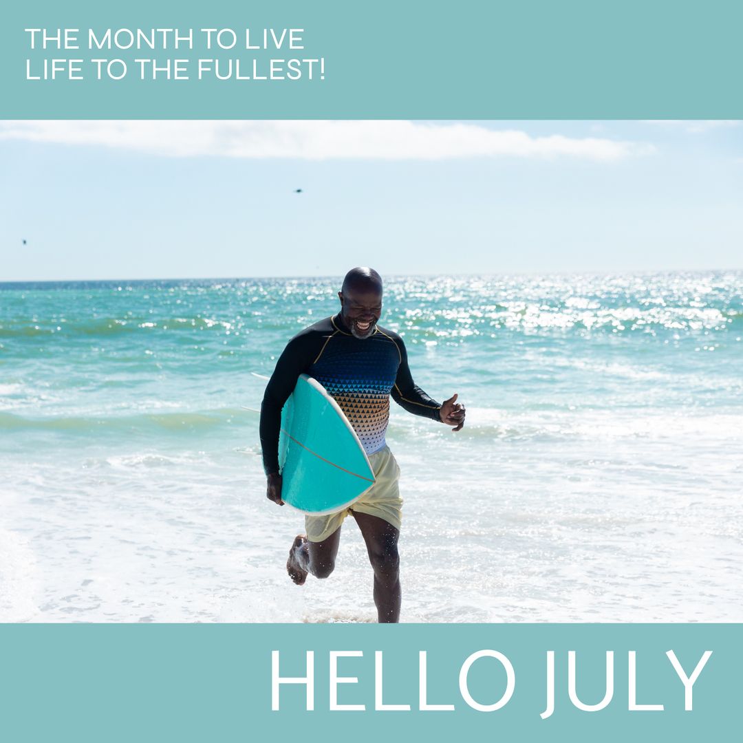Man with Surfboard Enjoys Sunny Beach Day in July