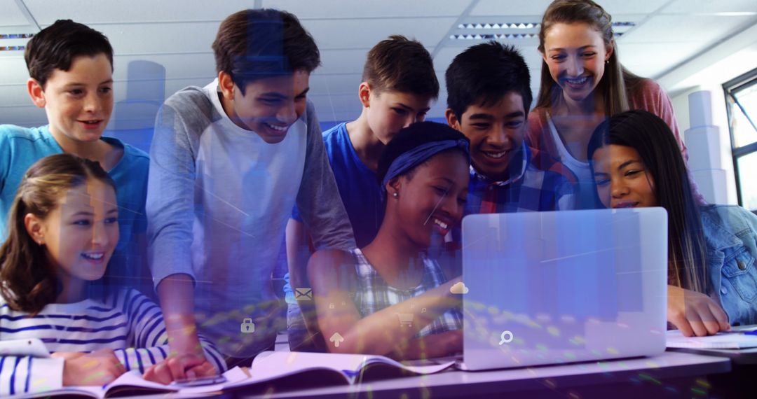 Excited Group of Students Collaborating on Digital Project in Classroom