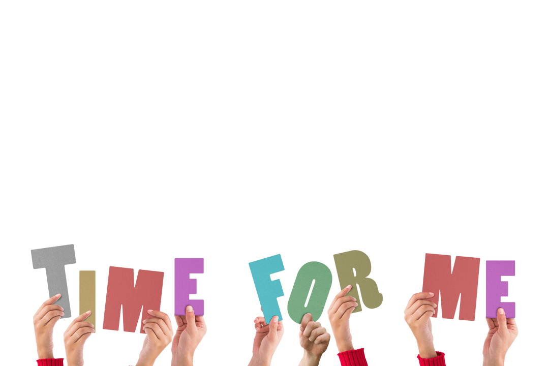 Diverse Hands Holding Letters on Transparent Background for Self-Care