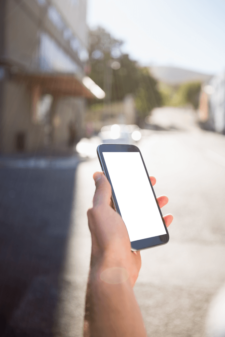 Hand Holding Smartphone Outdoors Background Transparent Screen