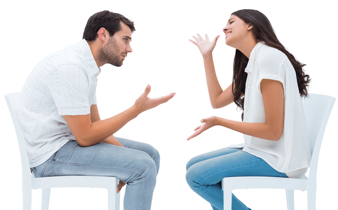 Young Couple on Chairs Having Animated Argument Transparent Background