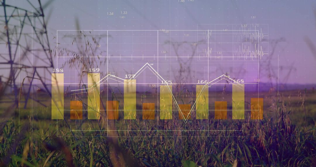 Displaying translucent bar-line chart over rural field at twilight for energy analytics
