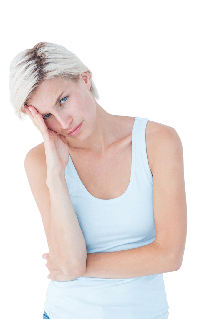 Transparent Background: Upset Blonde Woman Touching Temple
