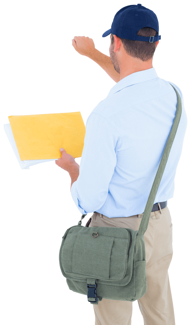 Transparent Postman Delivering Mail and Knocking on Door