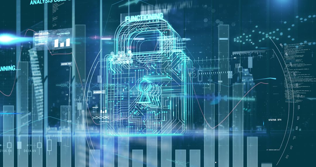 Digital Security Concept with Futuristic Padlock and Data Visualization