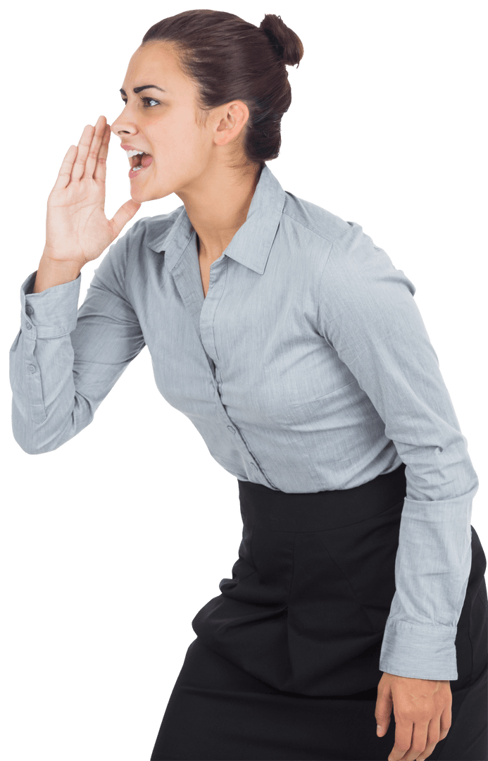 Businesswoman Shouting Call to Action on Transparent Background