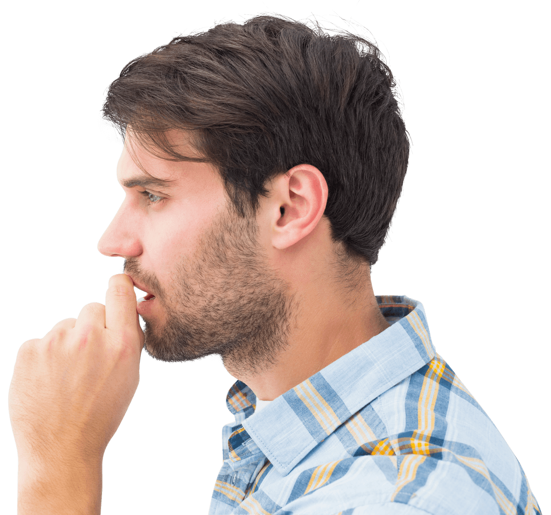 Transparent Background Troubled Man with Blue Plaid Shirt Deep in Thought