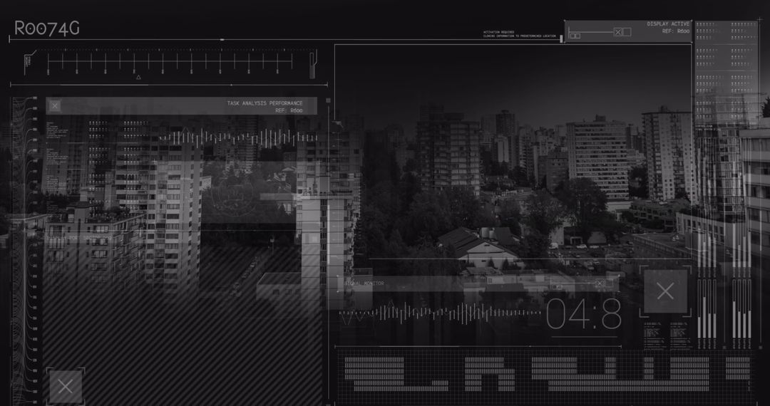 Futuristic Cityscape with Digital Data Overlay Concept