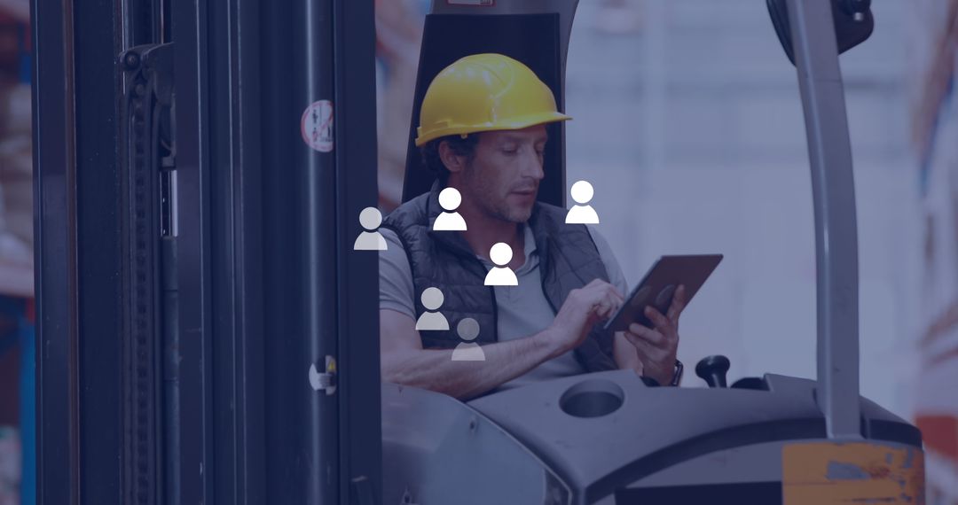 Warehouse Worker Using Tablet On Forklift with Network Icons