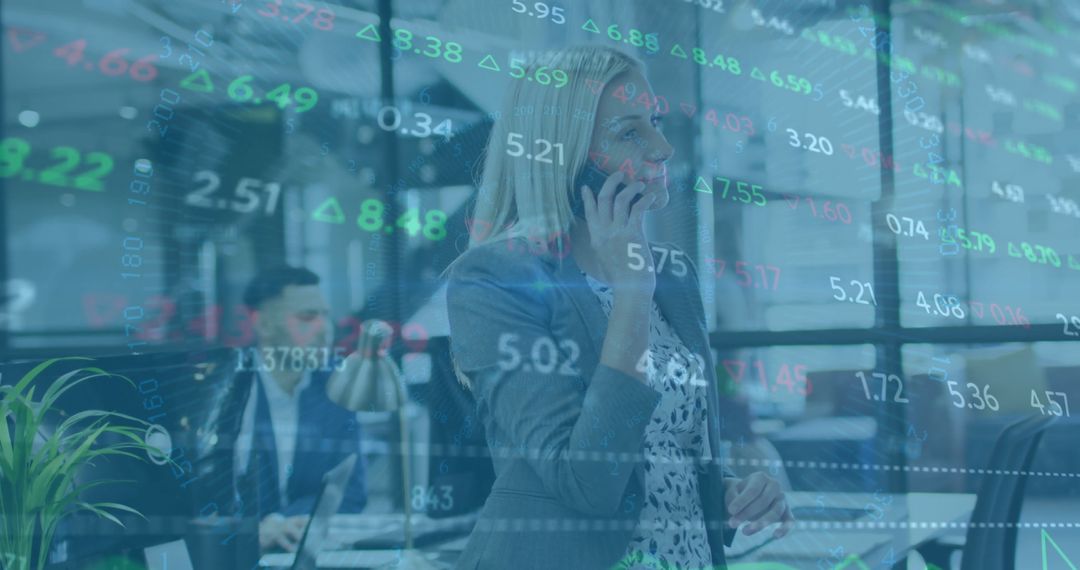 Businesswoman Using Smartphone with Financial Data Overlay in Modern Office