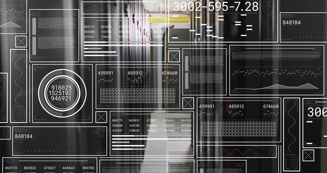 Futuristic HUD Interfaces Overlapping Data Center Servers