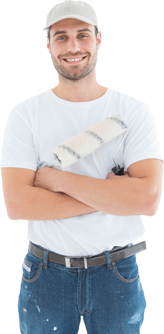 Transparent Smiling Painter With Roller Ready for Home Improvement