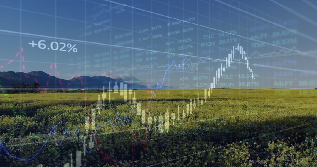 Digital Finance Data Streaming Over Lush Countryside Landscape