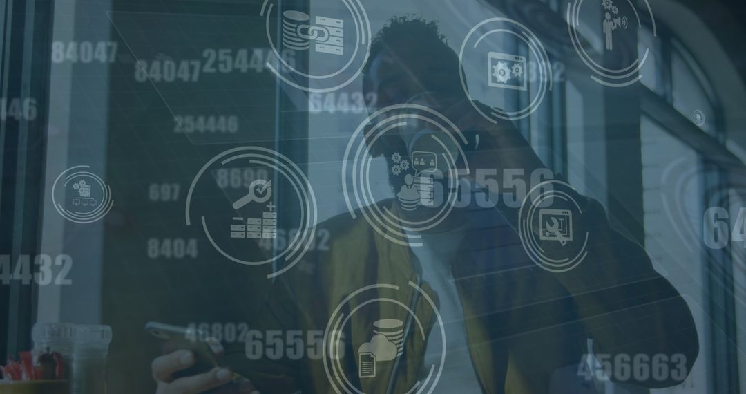 Young Man Engaging With Technology Icons On Smartphone