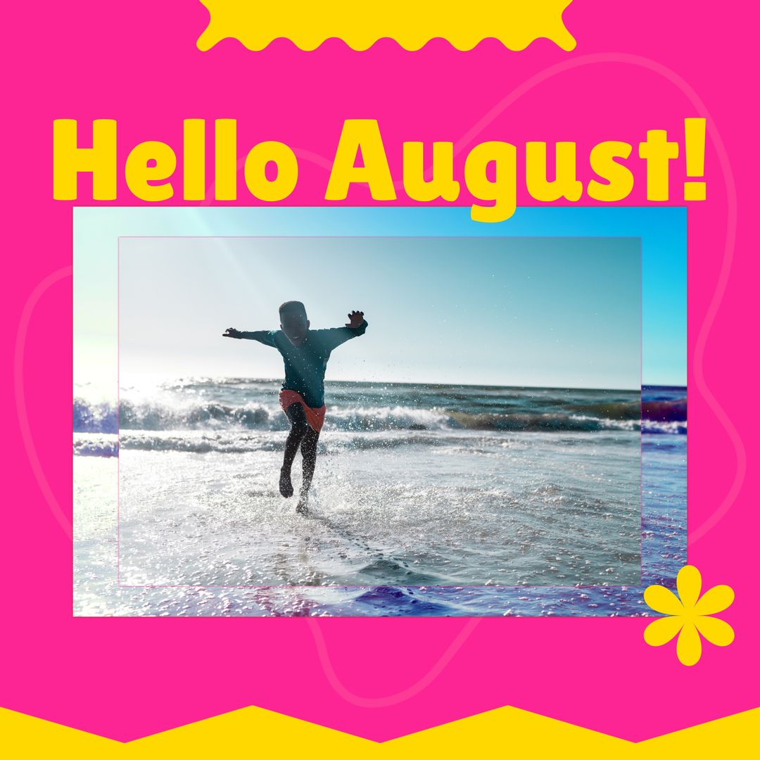 Joyful Child Playing in Waves with Bright August Colors