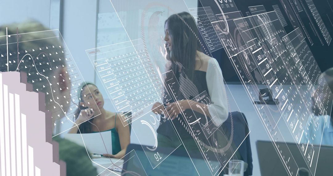 Female Executive Presenting Interactive Digital Analytics to Team in Futuristic Sunlit Boardroom