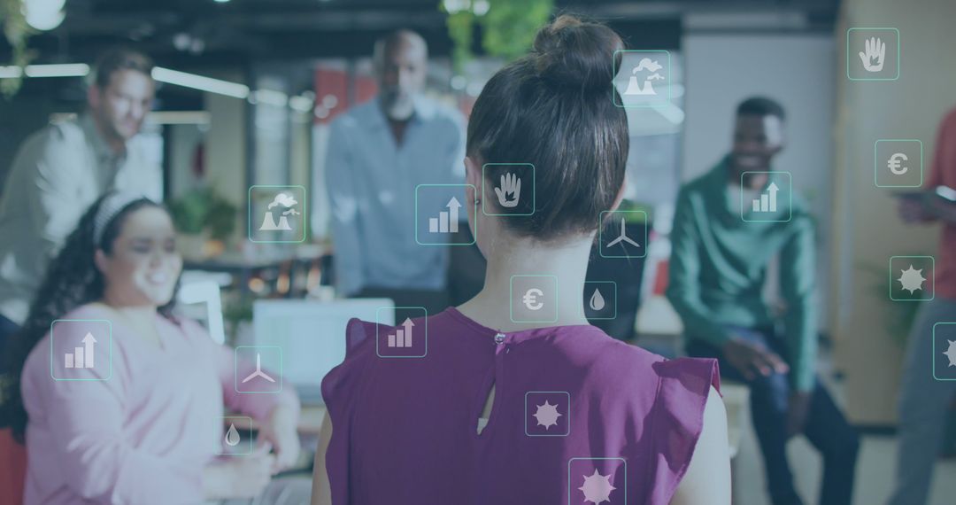 Collaborative Team Discussing Environmental Innovation in Modern Office