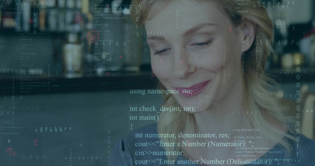 Smiling Woman With Programming Code Overlay In Café