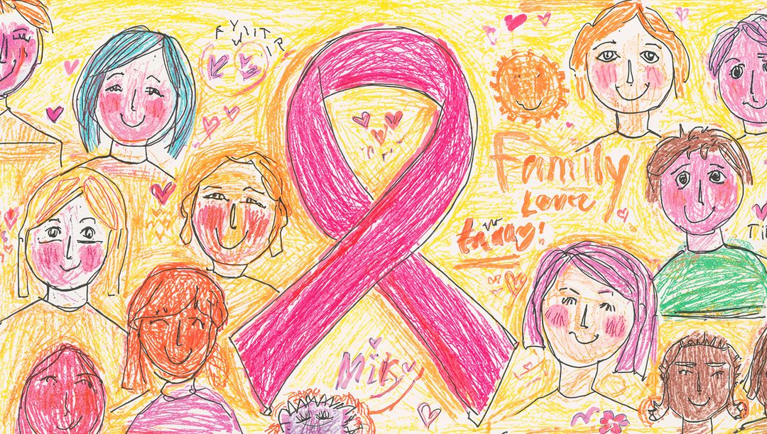 Crayon art emphasizing love and unity with pink awareness ribbon
