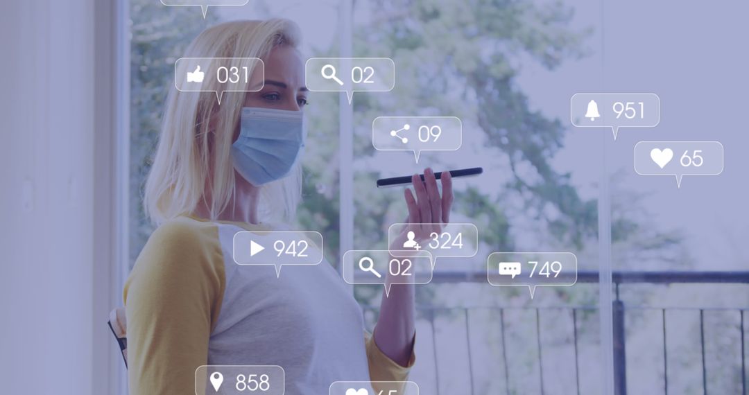 Caucasian Woman with Mask Interacting with Social Media on Smartphone