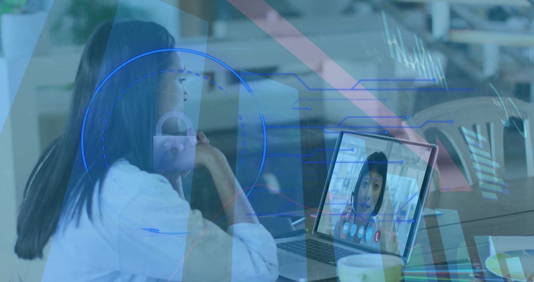 Businesswoman Engaged in Virtual Call with Futuristic Data Overlay