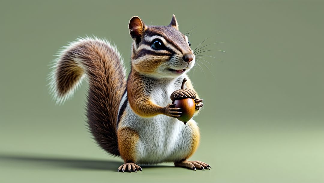 Realistic Chipmunk Holding Acorn on Soft Green Background