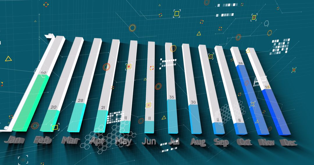 3D Bar Graph Illustrating Monthly Data Analysis on Blue Background