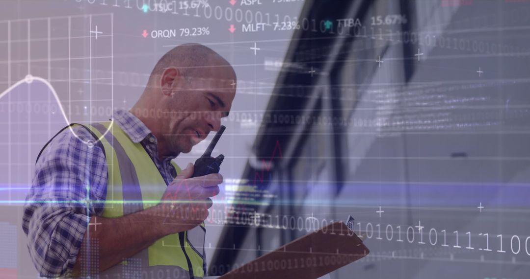Construction Worker Analyzing Digital Data Overlay on Site