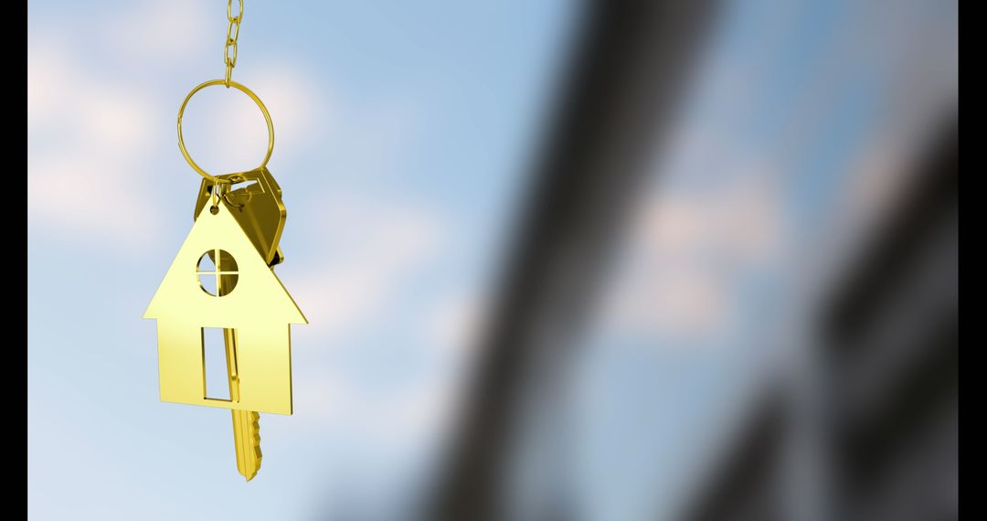 Golden House Keyring Charm with Keys in Urban Background