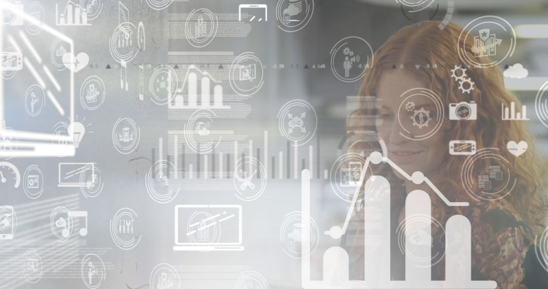 Digital Interface with Businesswoman Analyzing Data Visualization