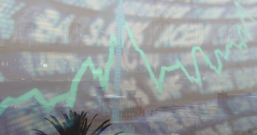 Digital Financial Data Overlay on Cityscape Background