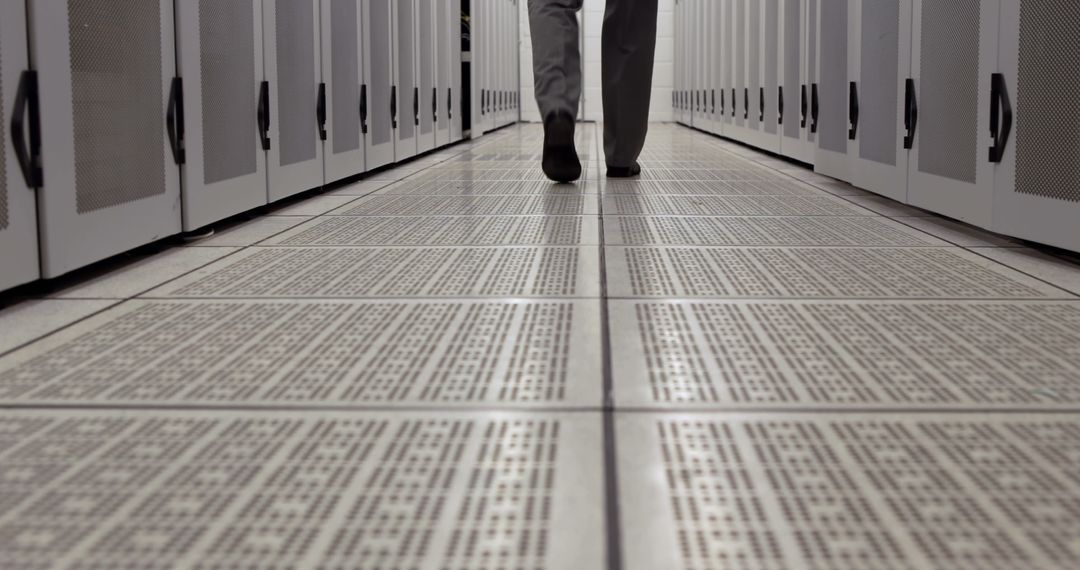 Business Professional Walking Through Data Center Hallway
