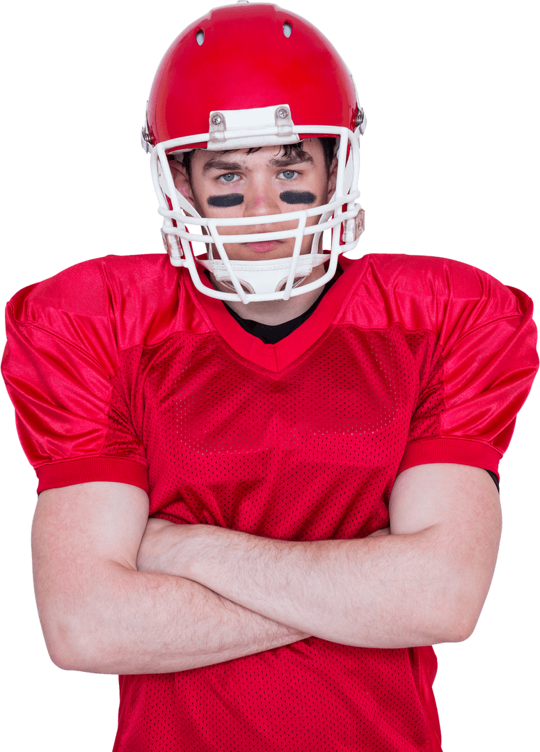 Confident American Football Player with Red Helmet Wearing Black Eye Paint