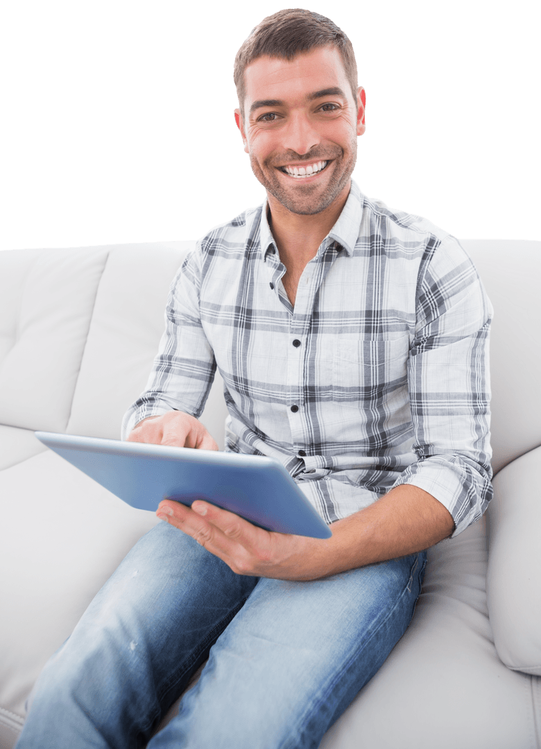 Happy Man Holding Tablet on Sofa with Genuine Smile Transparent Background