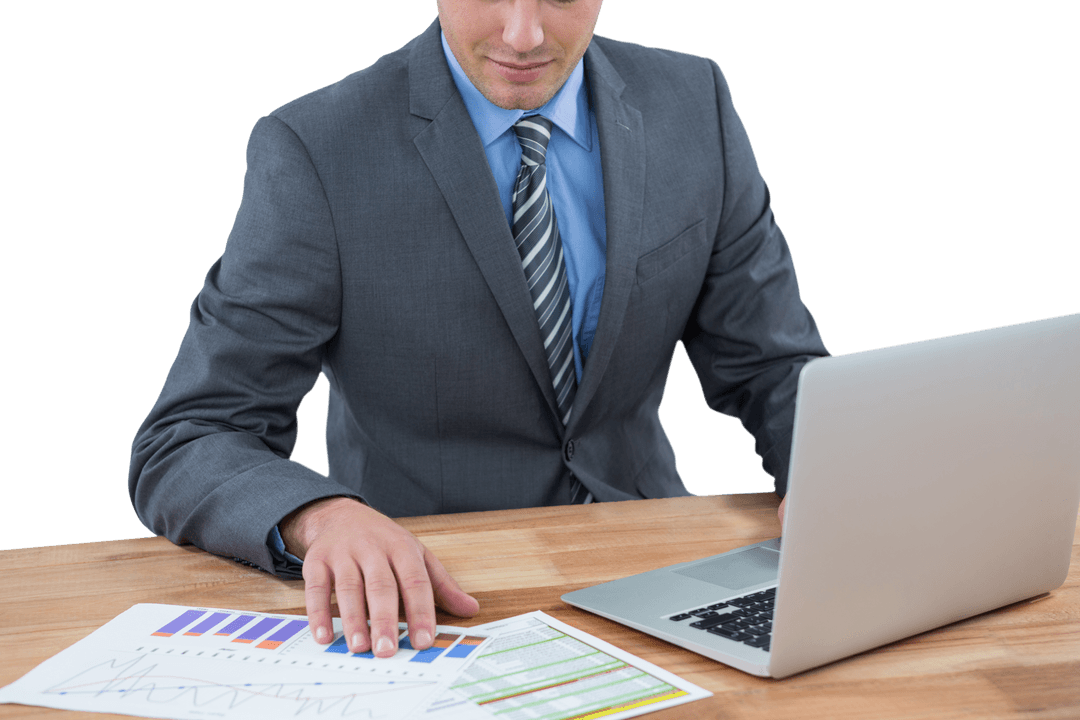 transparent businessman checks graphs while using laptop - Download Free Stock Images Pikwizard.com