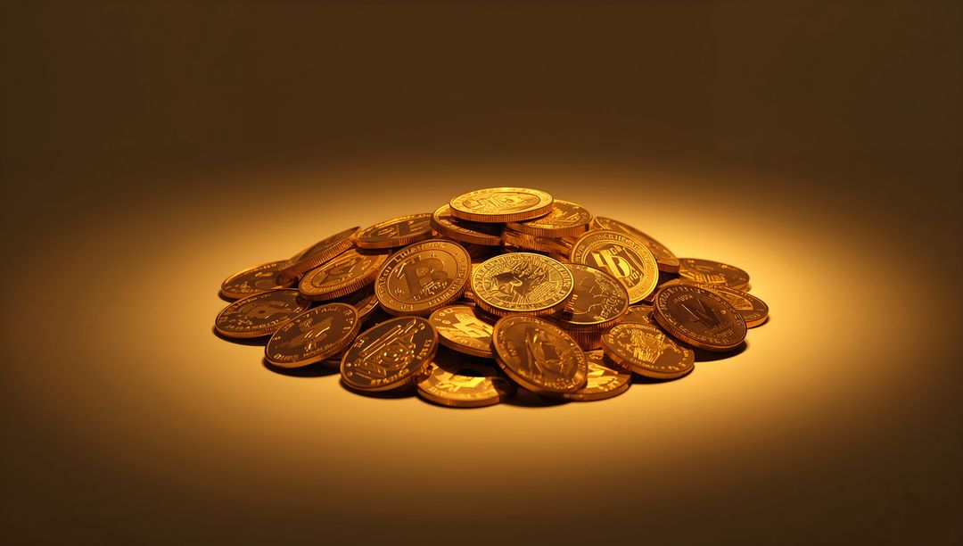 Glittering Gold Crypto Coins Reflecting Warm Spotlight Pile of Metallic Bitcoin Tokens