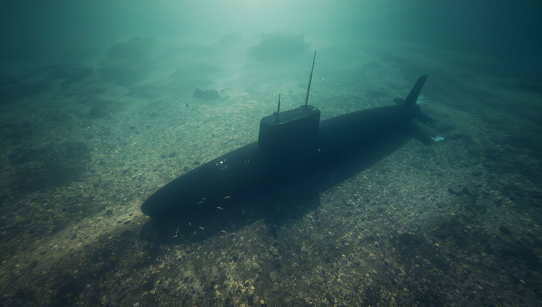 Resting Military Submarine Silhouette on Sandy Seabed Under Hazy Green Ocean Mysterious Light
