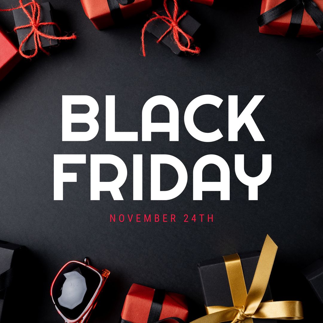 Elegant Black Friday Announcement with Gift Boxes on Black Background